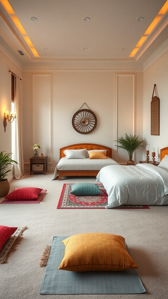 A cozy meditation space with colorful cushions on the floor, warm lighting, and plants.