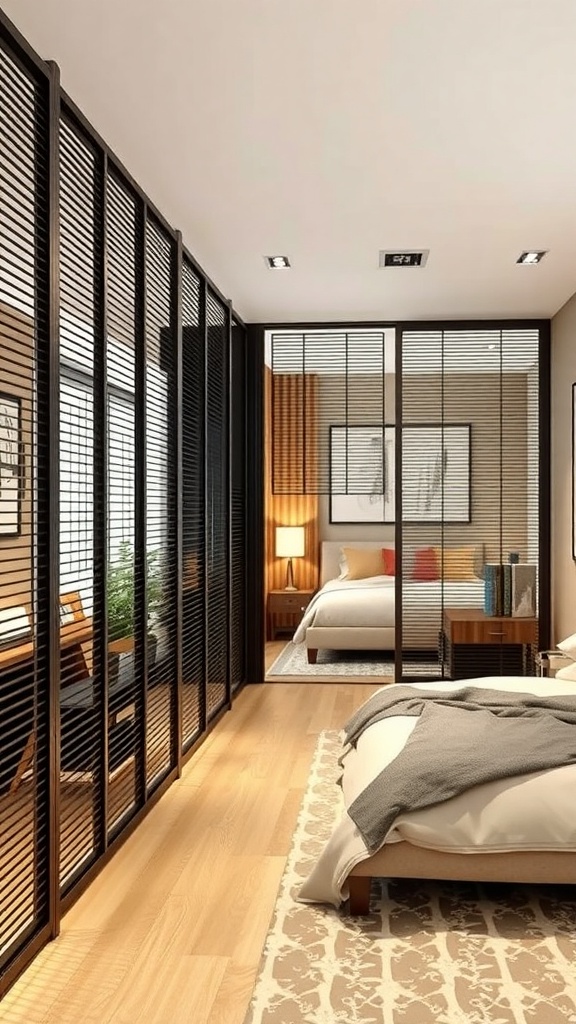 A modern interior featuring metal grille partitions that separate a bedroom from a living area.