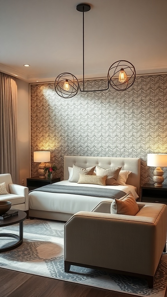 A stylish living room with metallic wallpaper, soft lighting, and modern furniture.