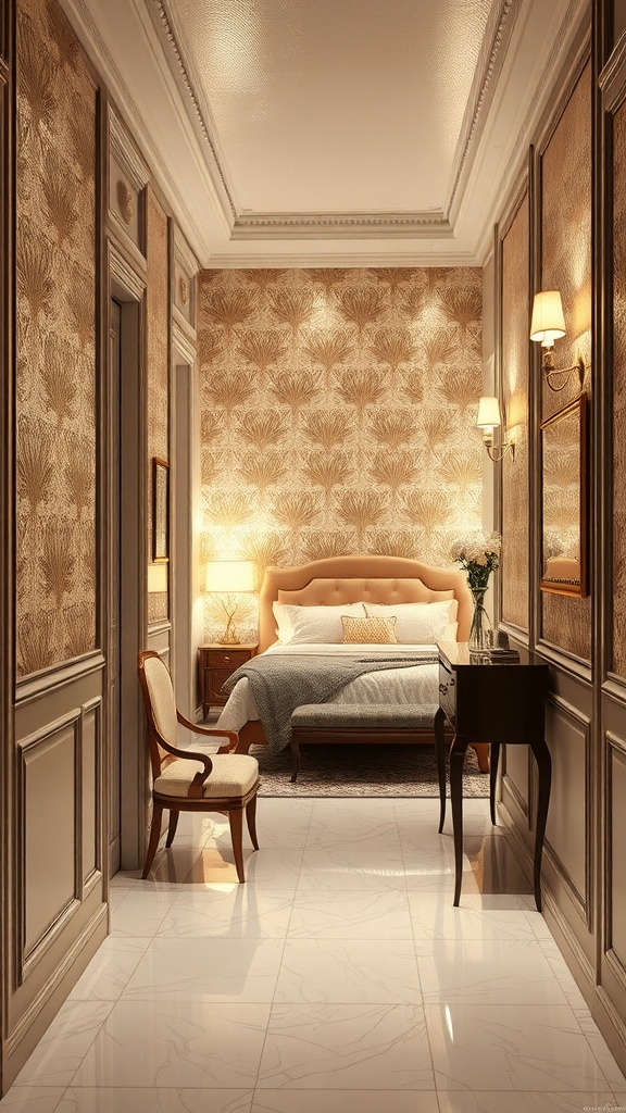 A stylish bedroom with metallic wallpaper, elegant furniture, and soft lighting.