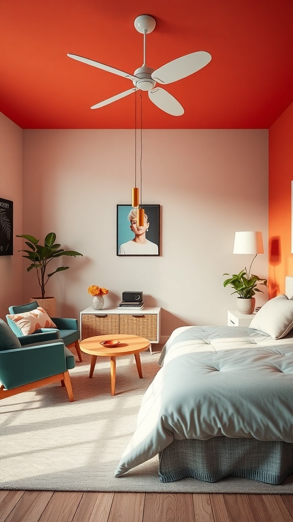 A cozy room with a red ceiling, teal chairs, and mid-century modern decor.