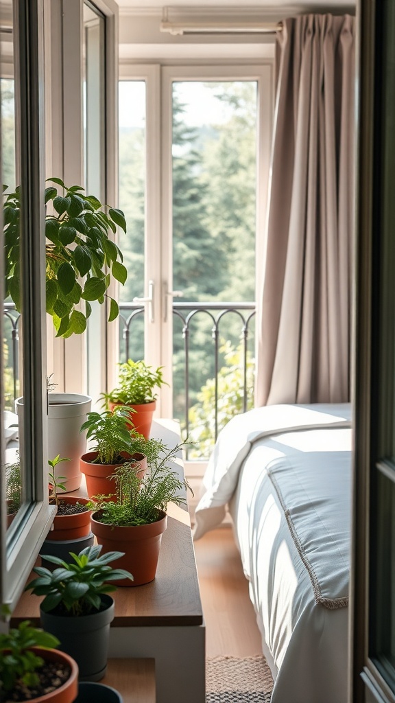 A cozy balcony with various potted herbs and plants, showcasing a mini herb garden.