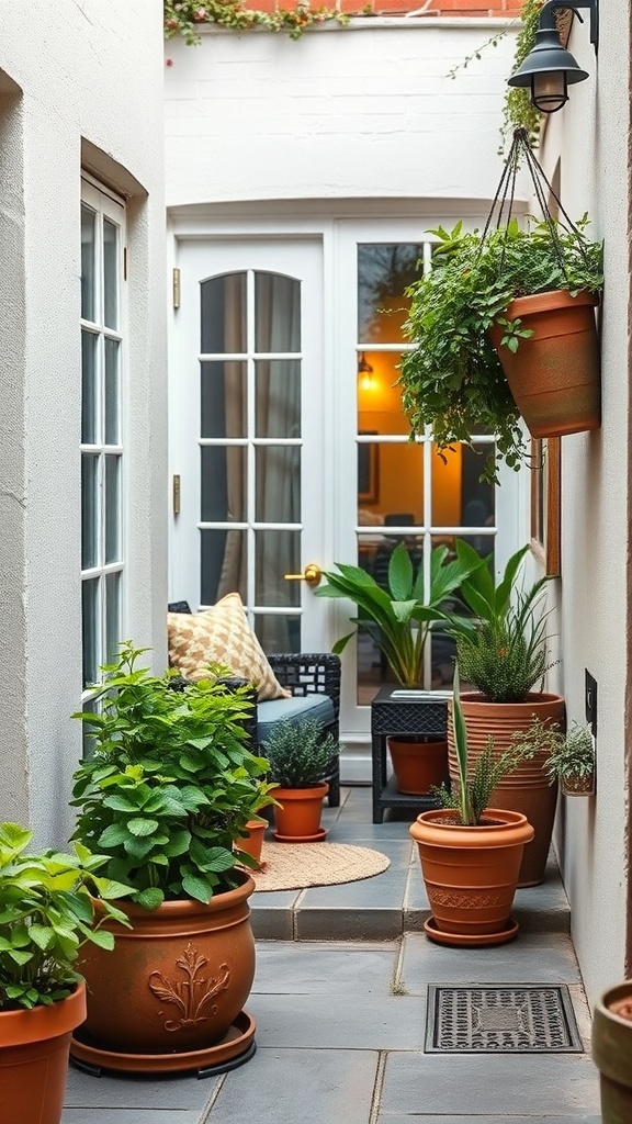 A cozy mini patio with various potted herbs and plants in terracotta pots.