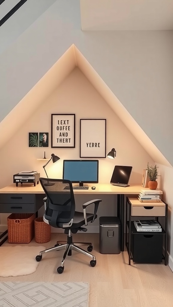A mini home office setup under the stairs featuring a desk, chair, and storage solutions.