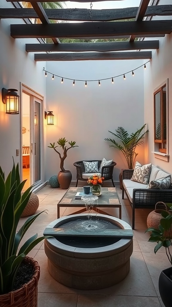 A cozy patio with a small water feature surrounded by plants and comfortable seating.