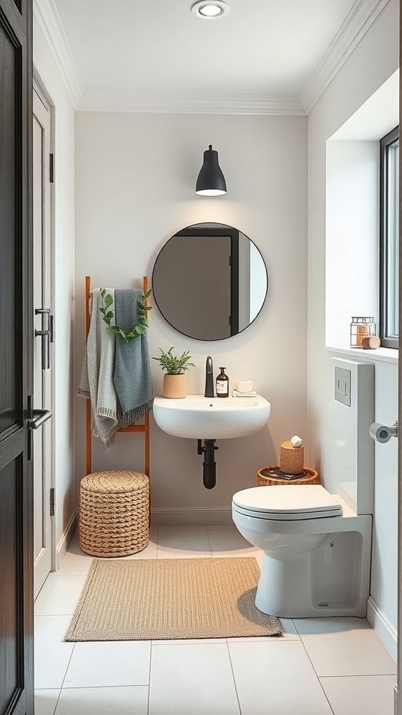 A minimalist powder room featuring a sleek sink, a round mirror, a woven basket, and a stylish light fixture.