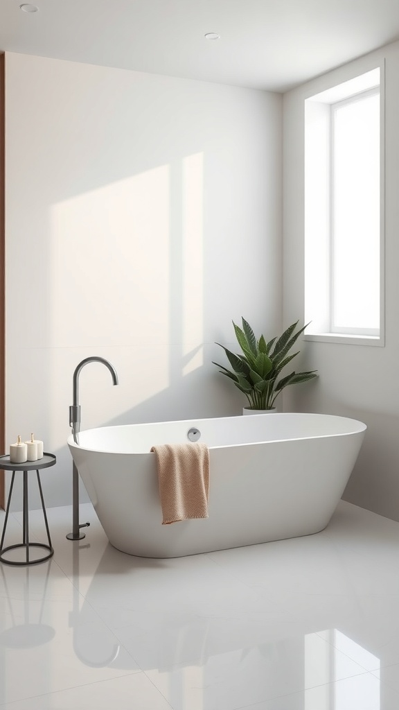 A minimalist bathroom featuring a sleek bathtub, natural light, and a plant.