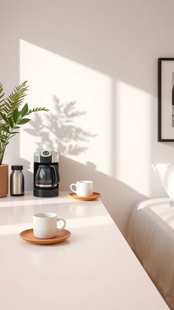 A minimalist coffee bar setup with a coffee maker, two cups on saucers, and a small plant on a white countertop.