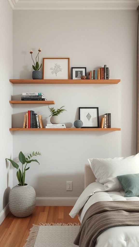 A minimalist living room corner featuring floating wooden shelves with books, framed pictures, and a plant.