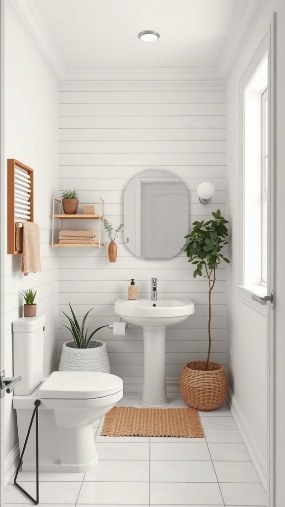 A modern minimalist bathroom featuring white walls, natural wood accents, and green plants.