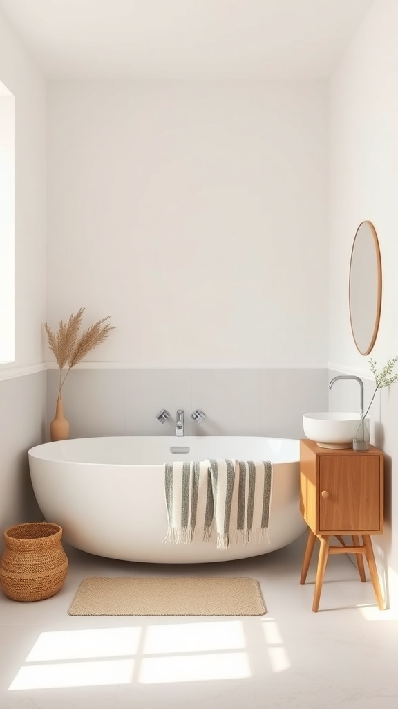 A minimalist bathroom featuring a freestanding tub, wooden cabinet, and natural decor.