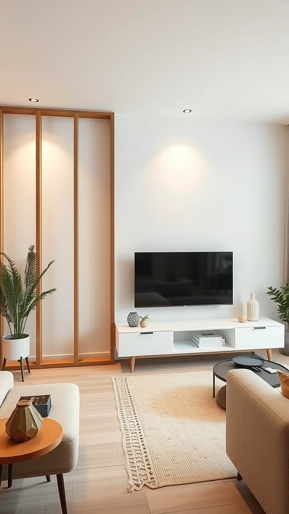 A modern minimalist living room with a wooden partition, TV unit, and plants.
