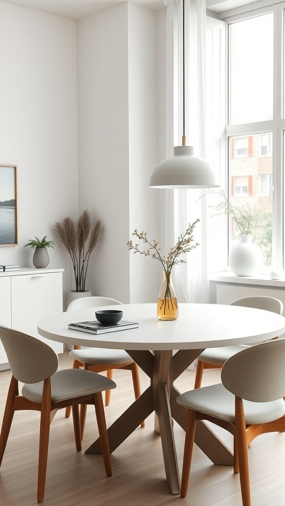 A minimalist round dining table with wooden chairs and a vase, set in a bright room with large windows.
