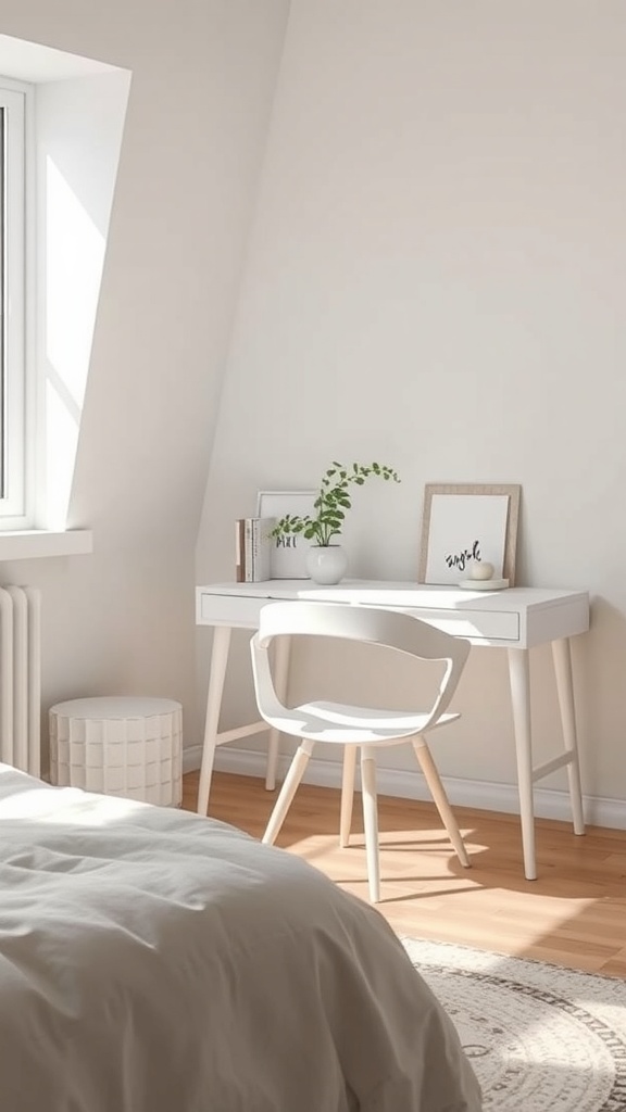 A minimalist desk setup in a bedroom featuring a white desk, a chair, and natural light.