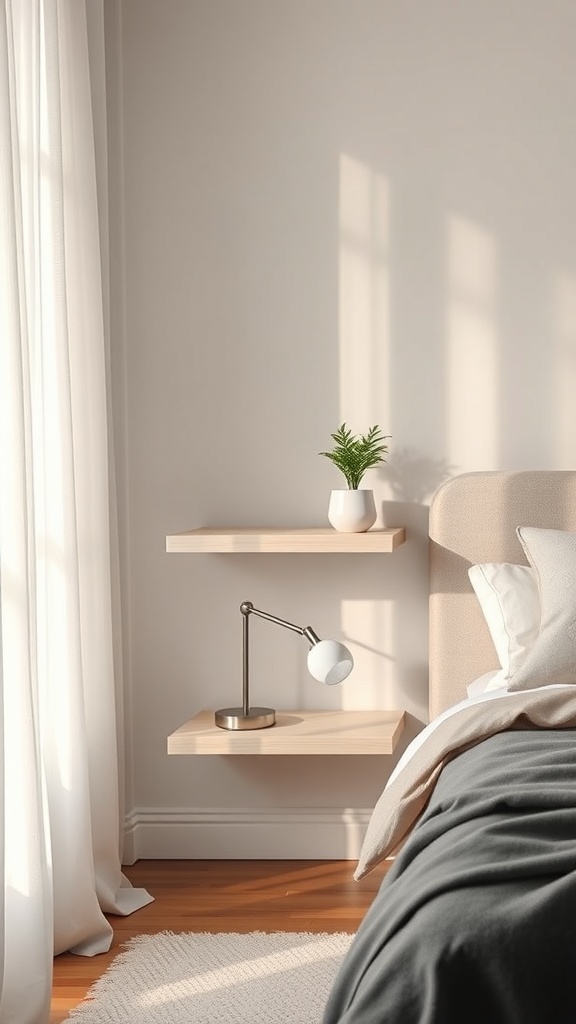 Minimalist floating shelves with a small plant and lamp beside a bed