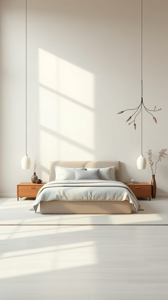 A minimalist bedroom featuring soft colors and simple decor, inspiring a serene atmosphere.