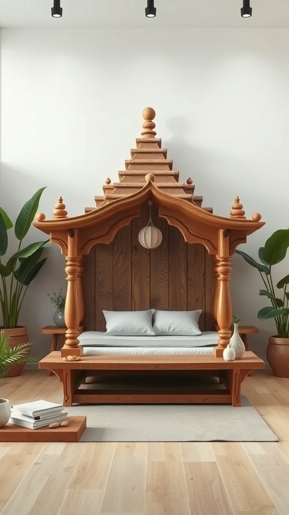 A minimalist wooden mandir with intricate carvings, surrounded by plants and a cozy seating area.