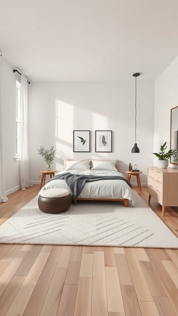 A minimalist bedroom with neutral tones featuring a soft rug, wooden furniture, and natural light.