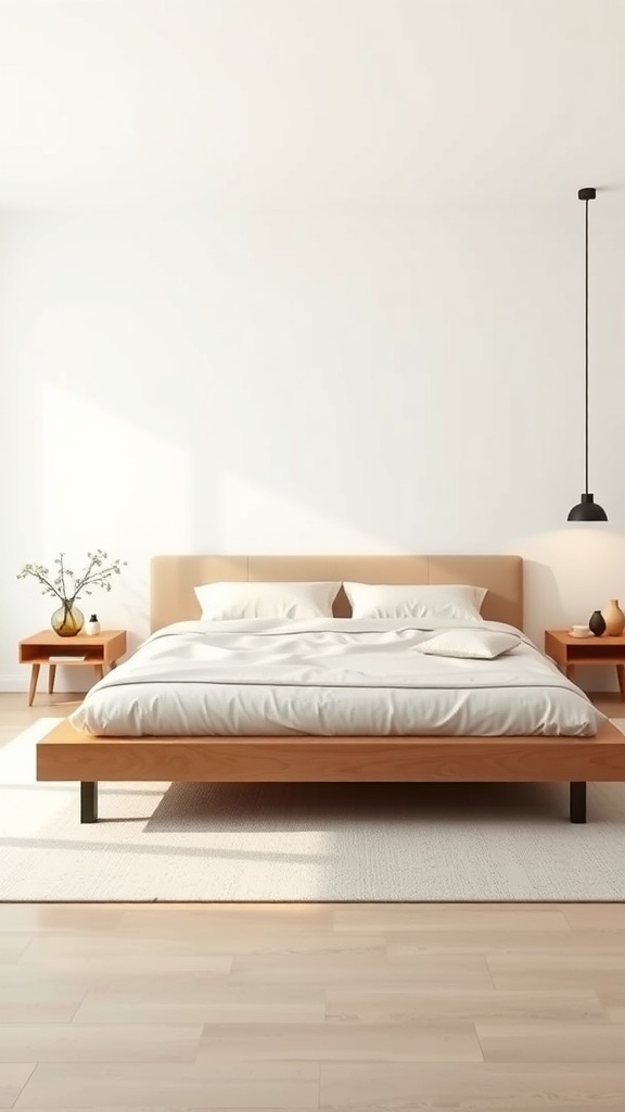 A minimalist platform bed with a wooden frame and neutral bedding in a bright room.
