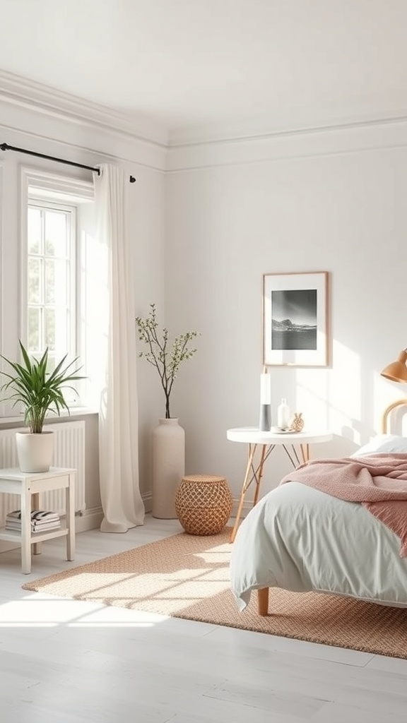 A minimalist Scandinavian designed bedroom with light colors, a cozy bed, and natural elements.