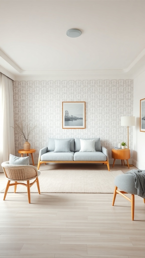 A minimalist Scandinavian living room featuring a light color palette, modern furniture, and subtle wallpaper.