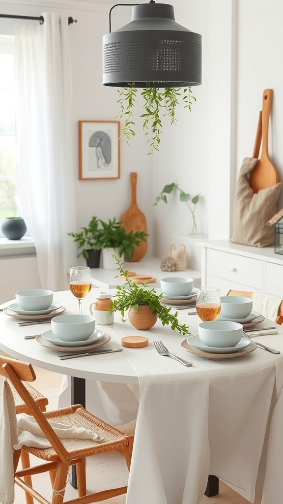 A minimalist Scandinavian dining table set with light blue dishes, wooden accents, and a small plant centerpiece.