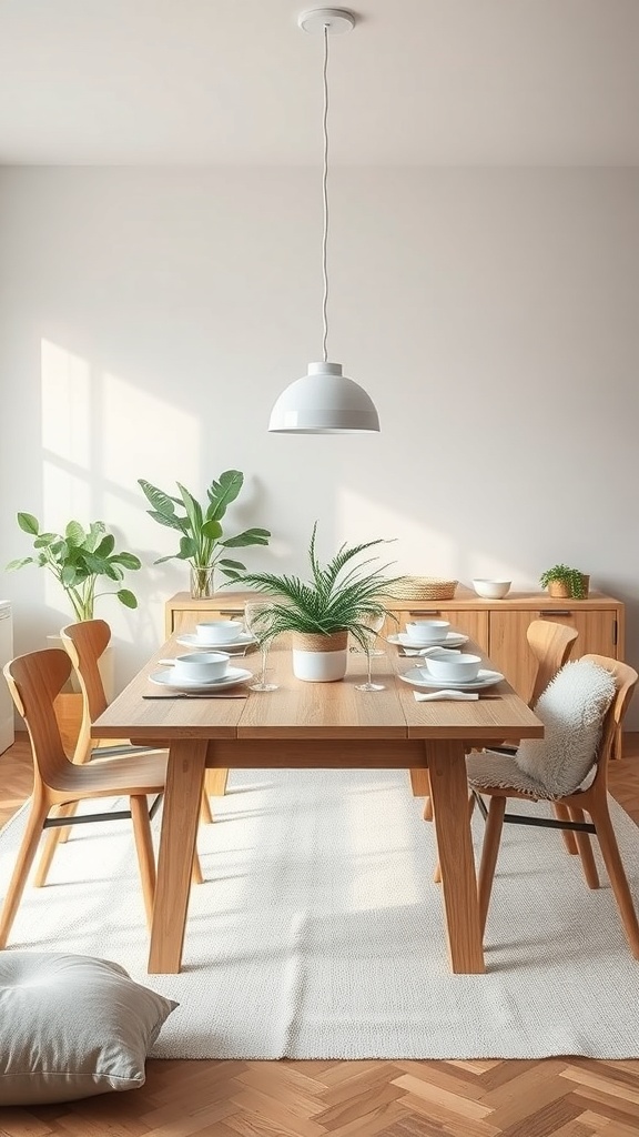 A minimalist Scandinavian dining table with wooden chairs, white plates, and a green plant centerpiece.