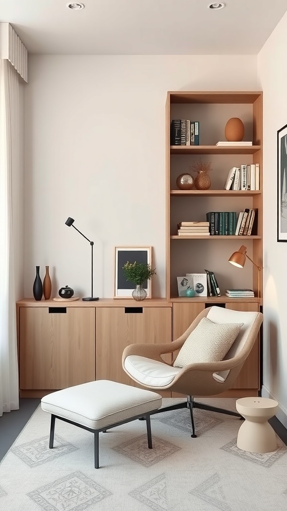 A cozy reading nook featuring a minimalist lounge chair, ottoman, and wooden shelving with books and decor.