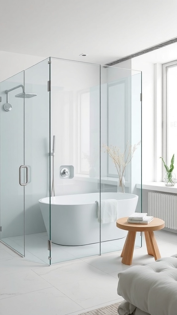 A minimalist shower room featuring clear glass panels, a freestanding tub, and a wooden table.