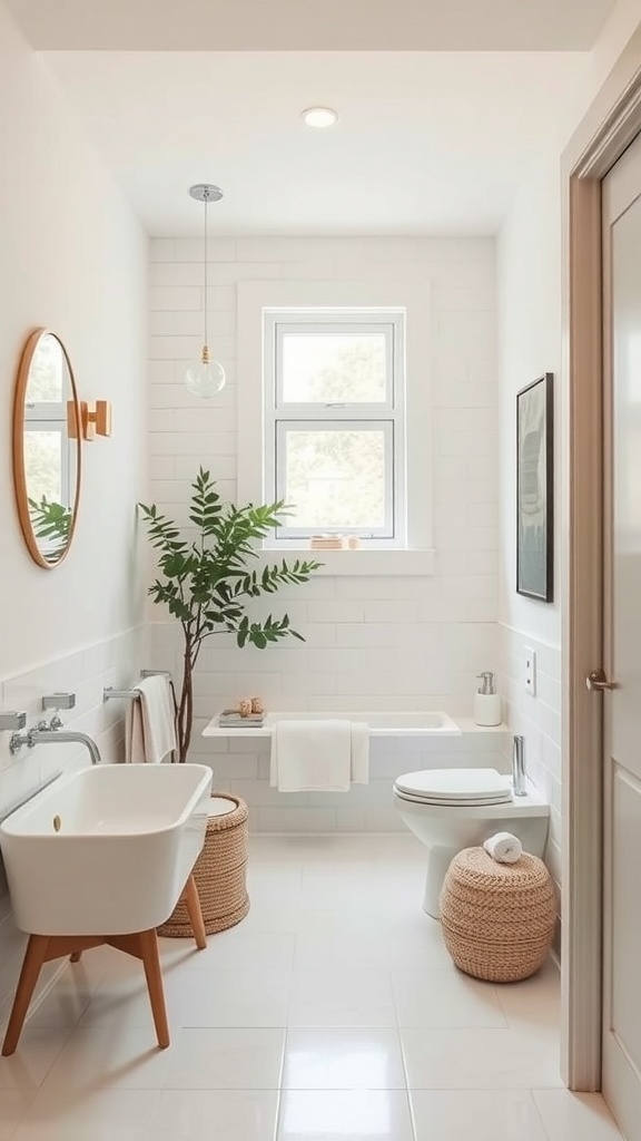 A minimalistic ensuite bathroom featuring a small bathtub, modern fixtures, and a plant for decoration.