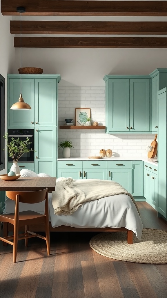 A kitchen featuring mint green cabinets and dark wood flooring, showcasing a modern and inviting design.