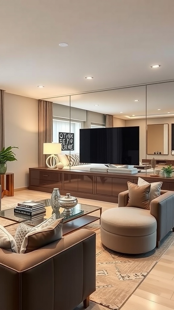 A modern living room featuring a large mirrored wall, cozy furniture, and warm decor.