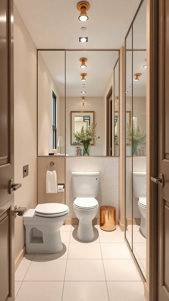 A small toilet room featuring mirrors, warm lighting, and neutral decor.