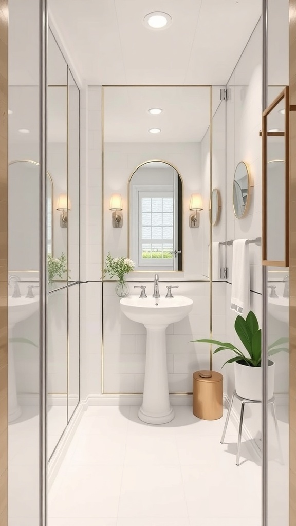 A modern tiny powder room featuring mirrored accents, a white pedestal sink, and stylish decor.