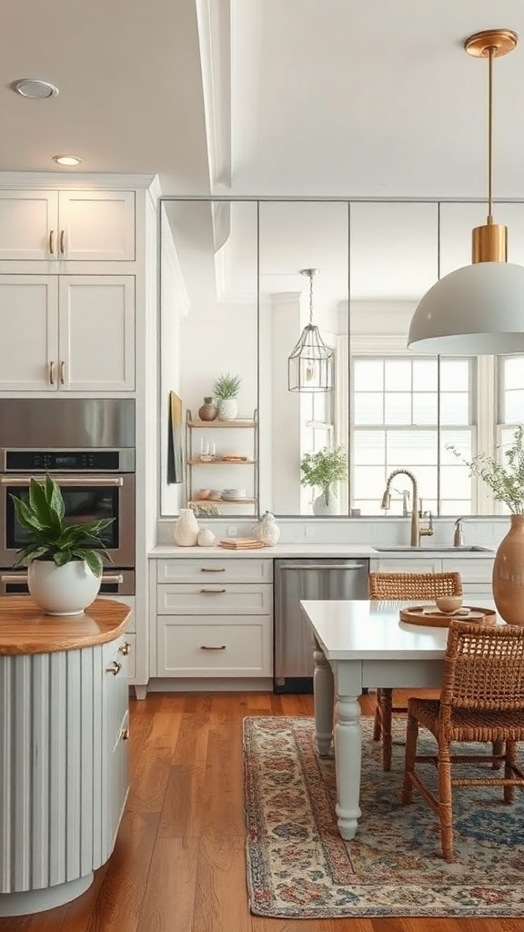 An open kitchen area featuring mirrored dividers