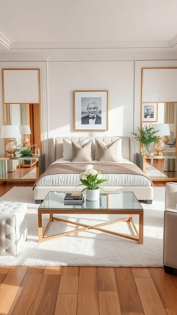 A stylish living room featuring mirrored furniture, including a coffee table and wall mirrors, with soft furnishings and warm wood flooring.