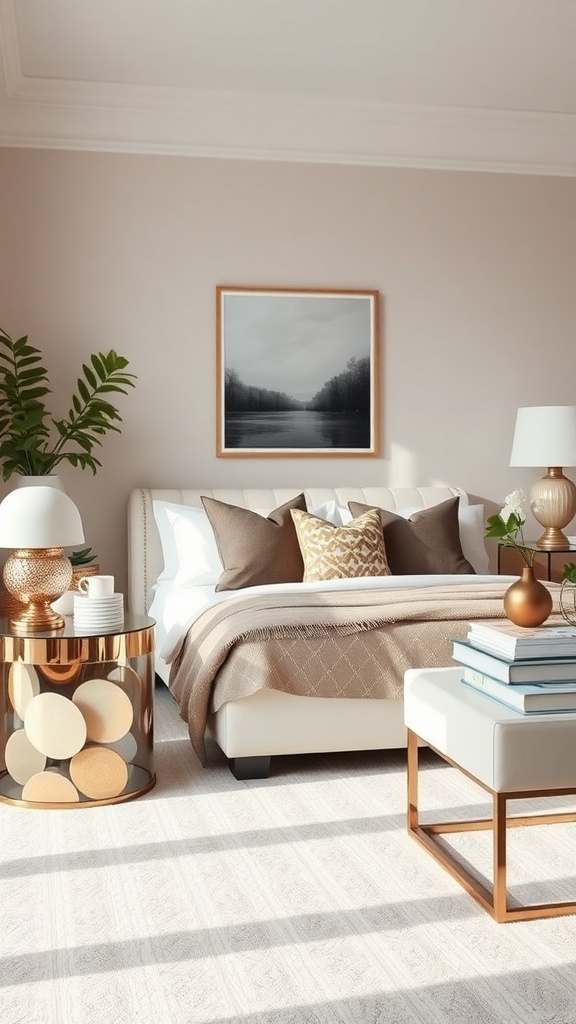 A cozy living room featuring a mirrored accent table, soft bedding, and decorative elements.