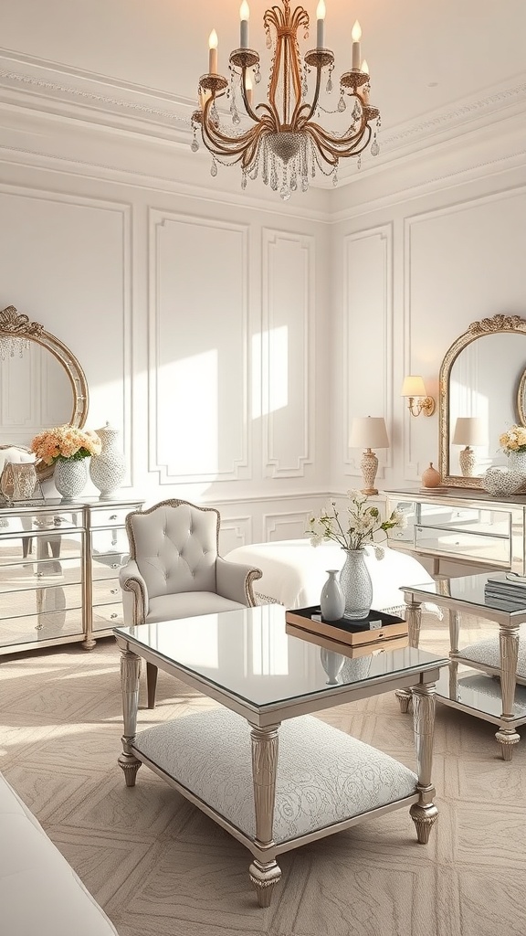 A glam room featuring mirrored furniture, a chandelier, and elegant decor.