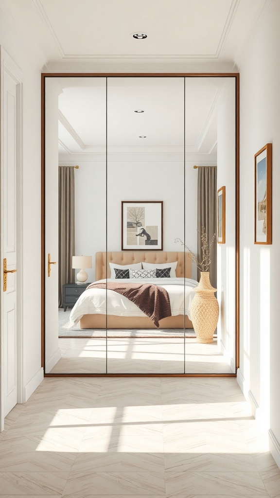 A hallway with a mirrored wall divider reflecting a cozy bedroom.
