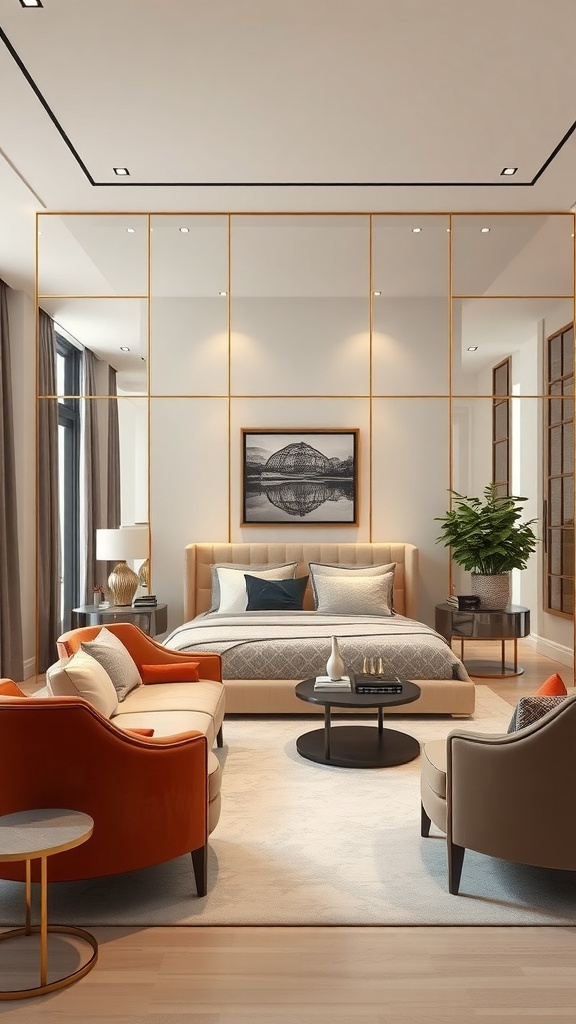 A stylish living room featuring mirrored wall panels with gold framing, enhancing the space's elegance and depth.