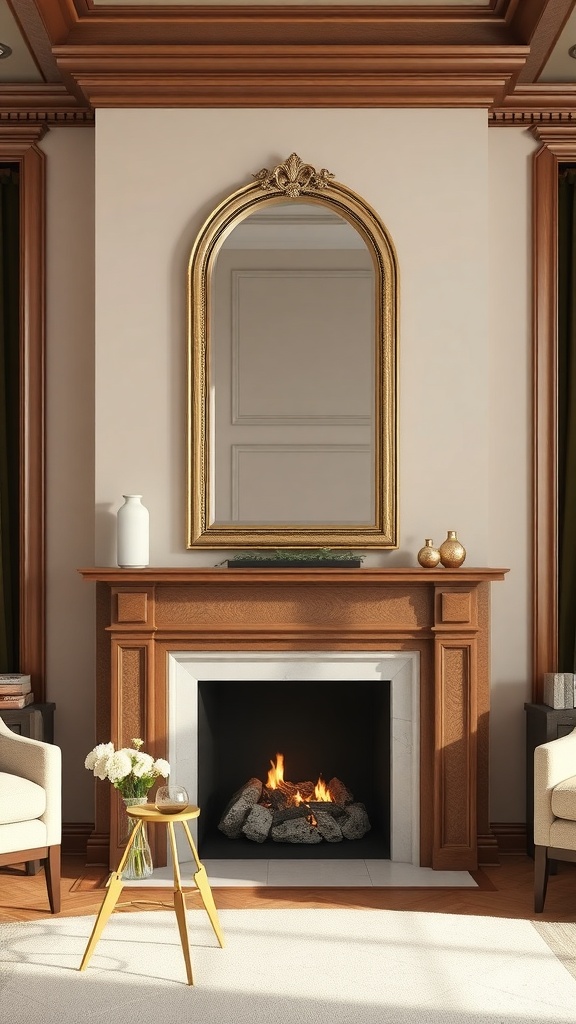 A beautifully styled living room with a gold-framed mirror above a wooden fireplace, showcasing a warm and inviting atmosphere.