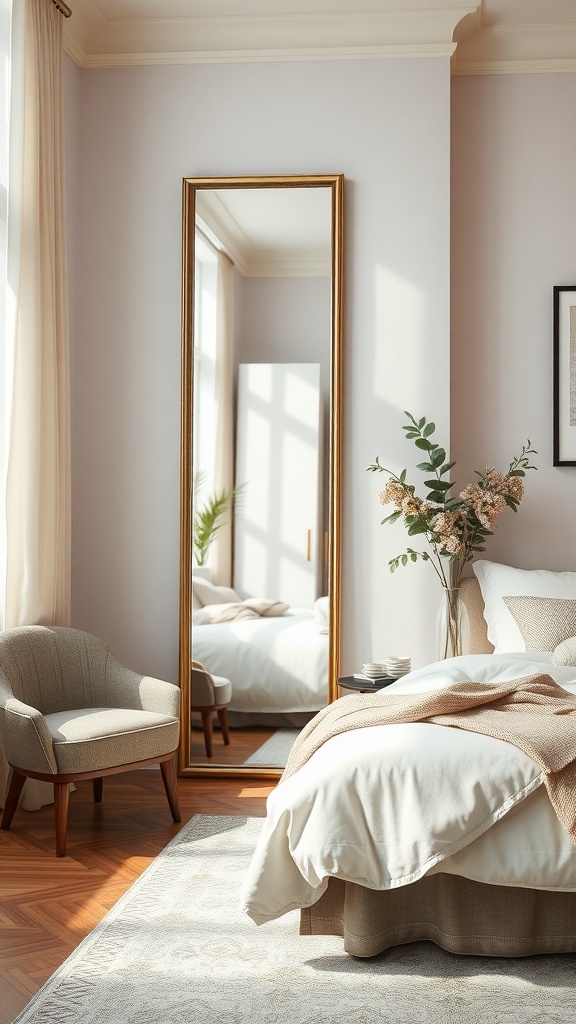 A tall mirror in a corner of a cozy living room with a chair and soft decor.