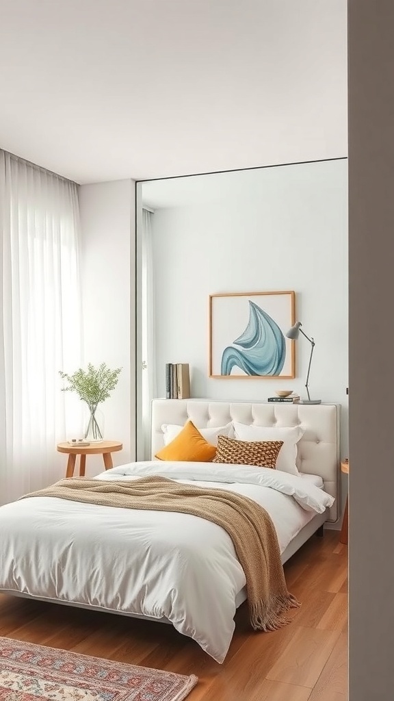 A cozy bedroom featuring a large mirror that reflects light, brightening the space.