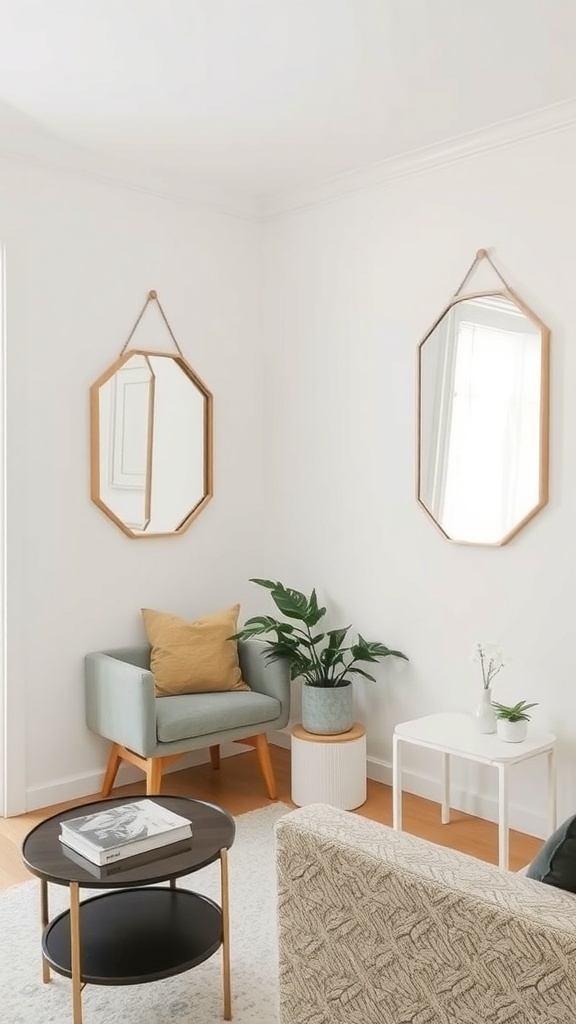 A cozy room featuring two mirrors on the wall, a chair, and a coffee table.
