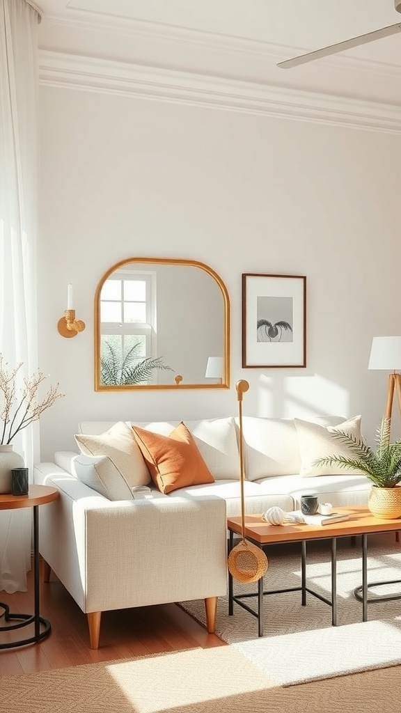 A bright living room featuring a mirror that enhances natural light, with a cozy sofa and decorative elements.