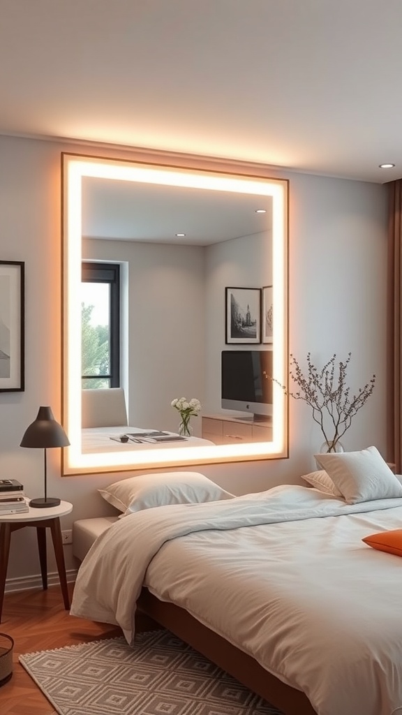 A modern living room featuring a large LED-lit mirror above a bed, enhancing the room's decor.