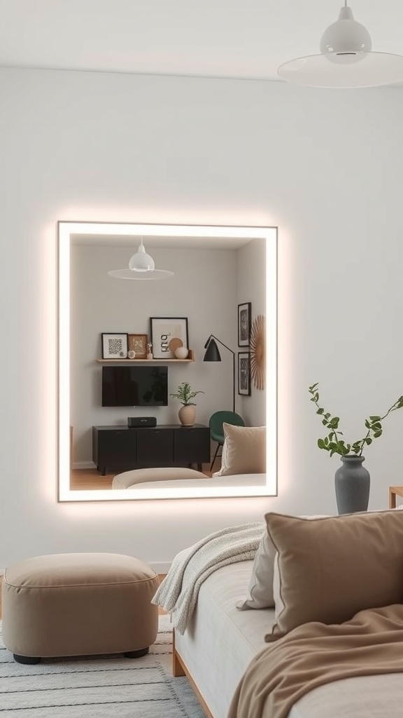 A modern living room featuring a large LED-lit mirror reflecting stylish decor.