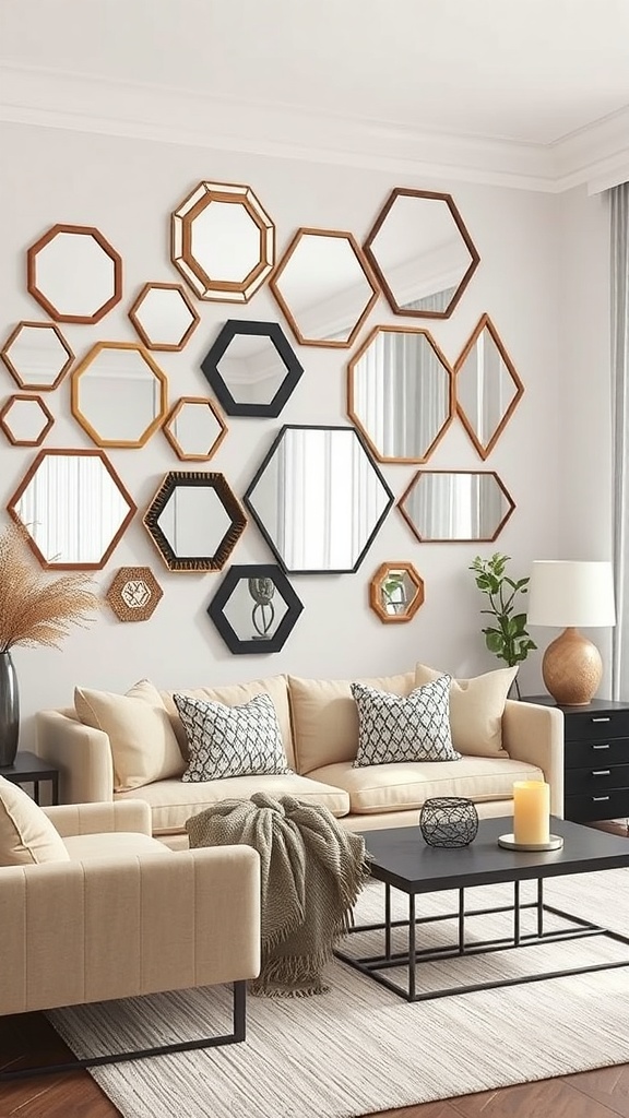 A living room featuring a wall decorated with various uniquely shaped mirrors in hexagonal and octagonal designs.