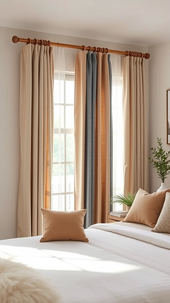 A cozy bedroom with a double curtain rod featuring wooden and fabric curtains in neutral tones.