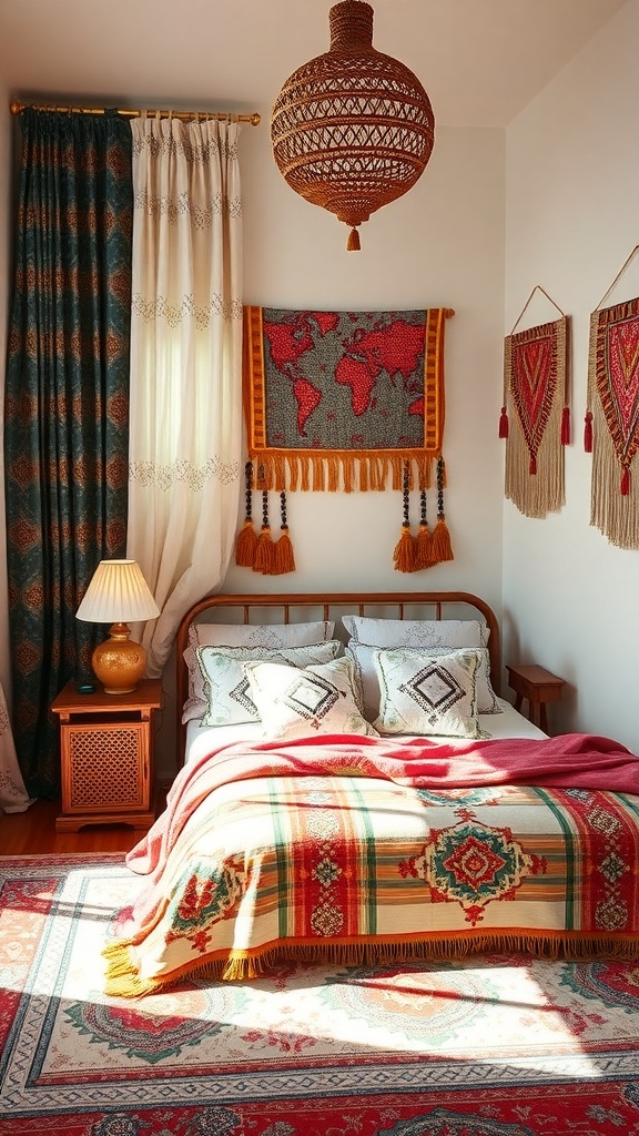 A boho bedroom featuring a cozy bed with patterned blankets, colorful curtains, and wall hangings.